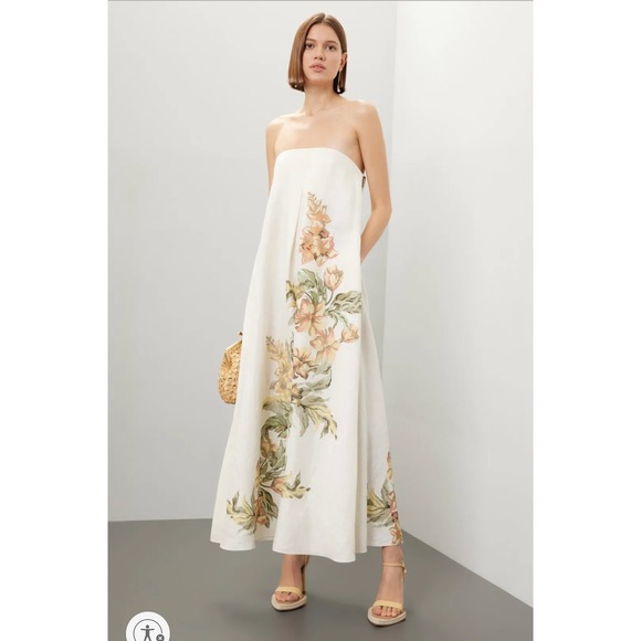 Significant Other Parisa Maxi Dress Beige Linen Floral Print Strapless Sz 8 US - Picture 1 of 16